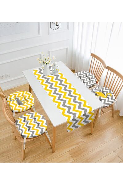 Realhomes Yellow & Gray Zigzag and Flamingo Motif Set of 4 Round Fluffy Chair Cushions and 1 Runner