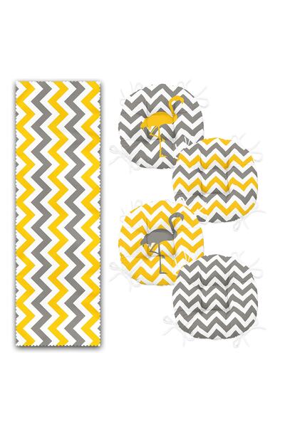 Realhomes Yellow & Gray Zigzag and Flamingo Motif Set of 4 Round Fluffy Chair Cushions and 1 Runner