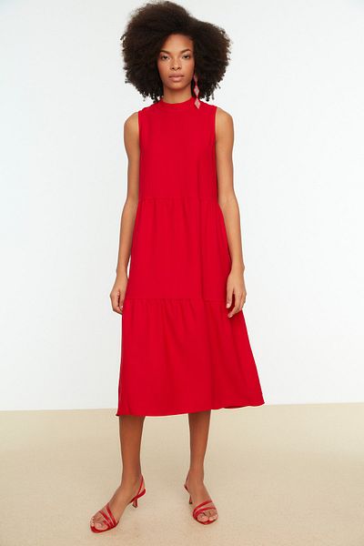Trendyol Collection Red Shift/Straight Cut Stand Collar Midi Woven Dress TWOSS20EL1864