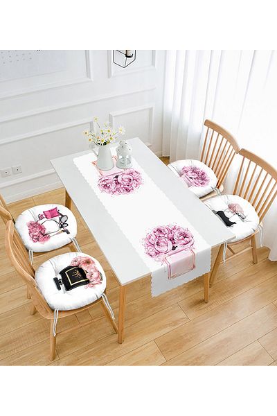Realhomes Perfume Bottle Designed Set of 4 Round Fluffy Chair Cushions and 1 Runner
