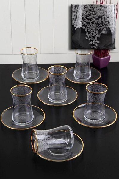 Paşabahçe Luxury Lace Patterned Gold Gilded 12 Piece Tea Cup Set Dowry Holder