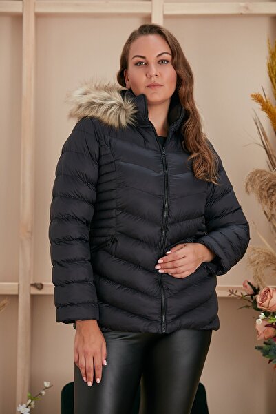 RMG Kapşonu Kürklü Büyük Beden Siyah Kapitone Mont