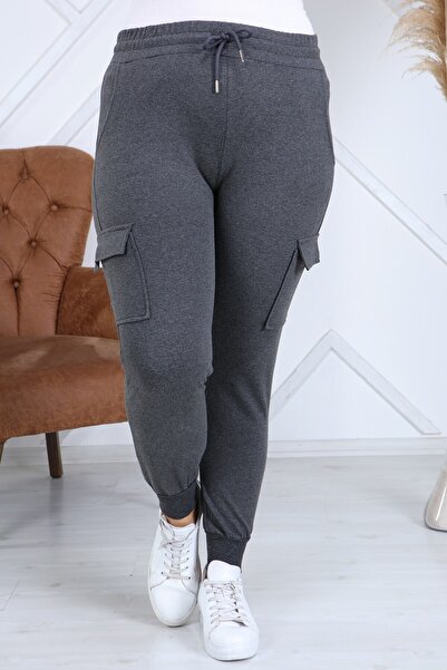 RMG Paçası Lastikli Cep Detaylı Büyük Beden Füme Eşofman Altı