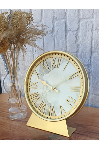 Markakanvas Altın Rengi Metal Kasalı Mermer Desenli Masa Saati