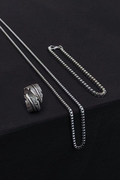 The Collection Leaf Feather Shaped Adjustable Silver Ring Cube Bracelet And Necklace Set