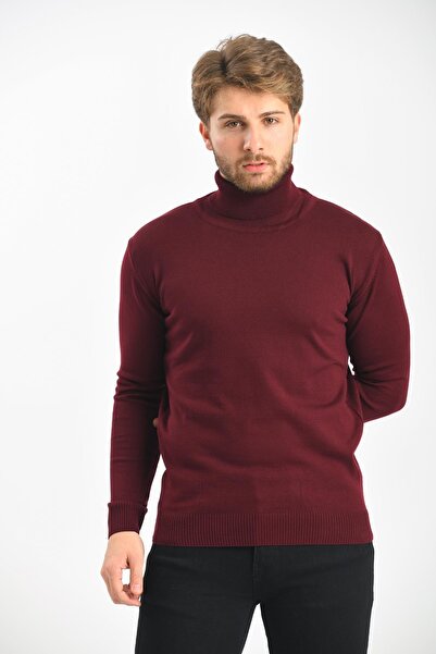 Çizgi Triko Regular Men's Knitwear Burgundy Sweater Full Turtleneck Sleeves and Waist Elastic Winter