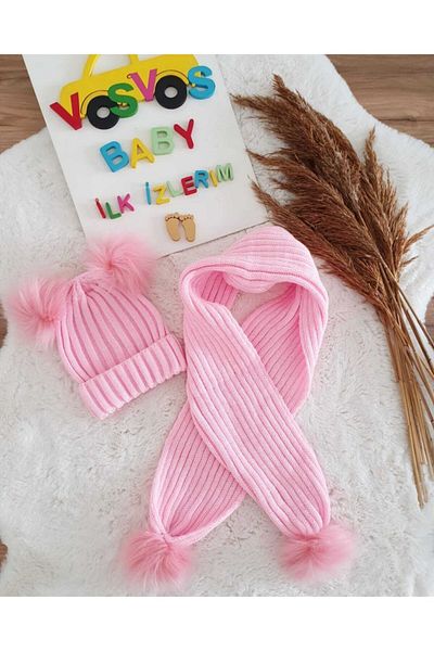 VOSVOSBABYSTORE Pink Pompom Scarf & Beret Set