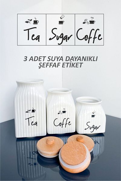 Sezka Life 3 Size Porcelain Bamboo Lid Tea Coffee Sugar Jar and 3 Water Resistant Transparent Labels