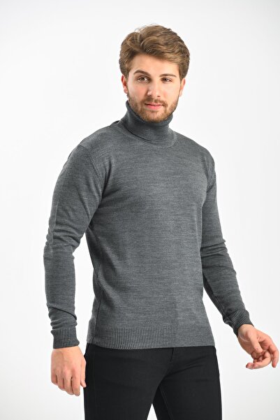 Çizgi Triko Regular Men's Knitwear Gray Sweater Full Turtleneck Sleeves and Waist Elastic Winter