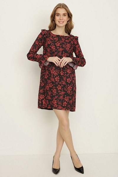 Select Moda Rochie de damă din șifon cu imprimeu floral negru roșu