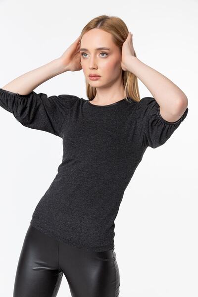 Laranor Bluză din tricot sezonier cu mâneci balon antracit, cu gâtul rotund, eleganță zi și noapte 21L7128