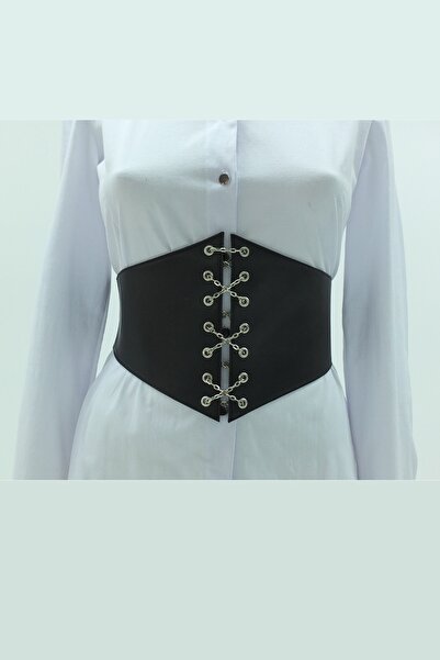 TARZIM BUTİK Kadın Çapraz Zincir Detay Lastikli Deri Kemer