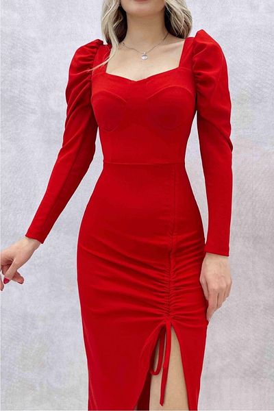 lovebox Flexible Fabric Gather Slit Midi Length Long Sleeve Square Collar Red Evening Dress Dks-020