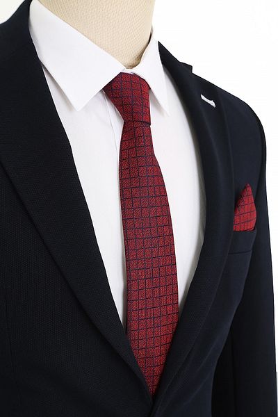 Brianze Claret Red Navy Blue Square Pattern Tie Handkerchief Set