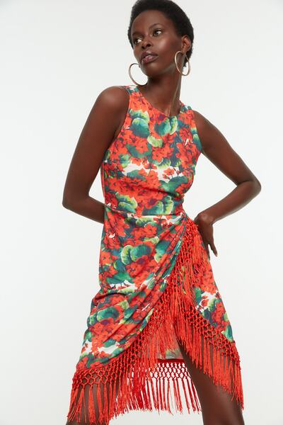 Trendyol Collection Rochie de seara tricotata la dublu piept cu imprimeu floral elegant - ciucuri, scurta, colorata TPRSS20EL0037