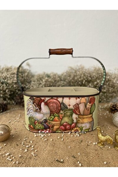 Handmadesign Mutfak Temalı Tavuklu Galvaniz Çok Amaçlı Bölmeli Sepet & Kaşıkl...