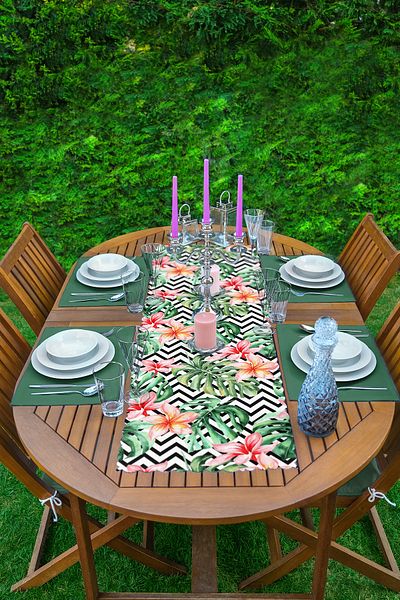 Realhomes Zigzag Zebra Patterned Digital Printed 1 Runner & 4 Green Colored American Service