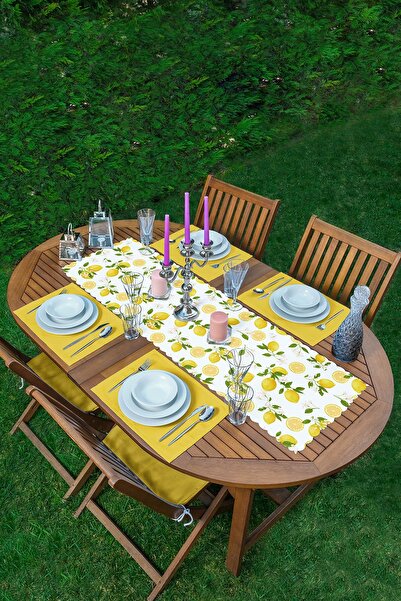 Realhomes Limon Desenli Ilkbahar Renkleri Modern 1 Adet Runner & 4 Adet Sarı ...