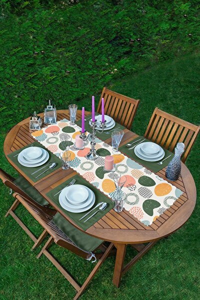 Realhomes Ekru Zeminde Geometrik Zeminler Dijital Baskılı 1 Runner & 4 Adet K...