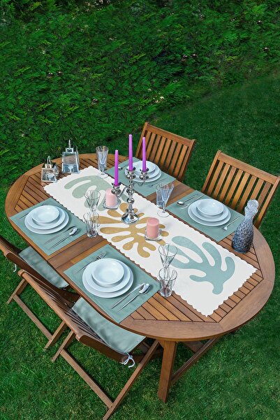 Realhomes Renkli Zeminde Onedraw Çizimli Yaprak Motifli 1 Runner & 4 Adet Min...