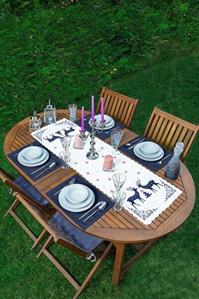 Realhomes Mery Christmas Geyik Tasarımlı Dijital Baskılı 1 Runner & 4 Adet La...