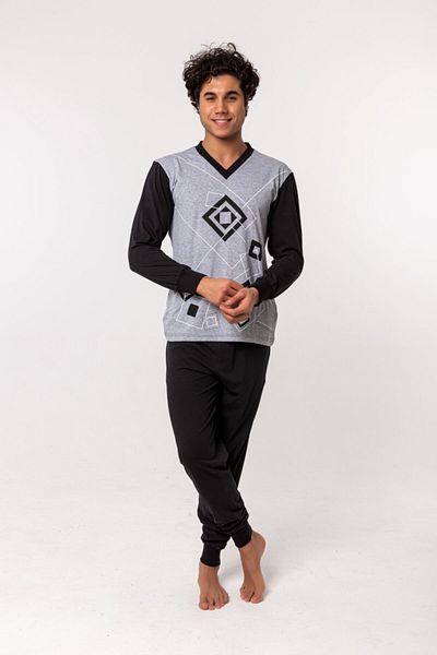 Nur Aka by Nurteks Geometric Patterned Black Plus Size Pajama Set