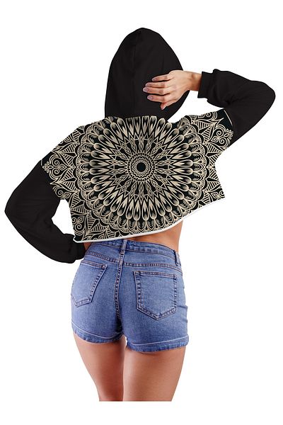 ACR Giyim Tekstil Forma Baskı Hanorac crop top cu glugă cu imprimeu în față și în spate pentru femei Black Mandala Mod 01