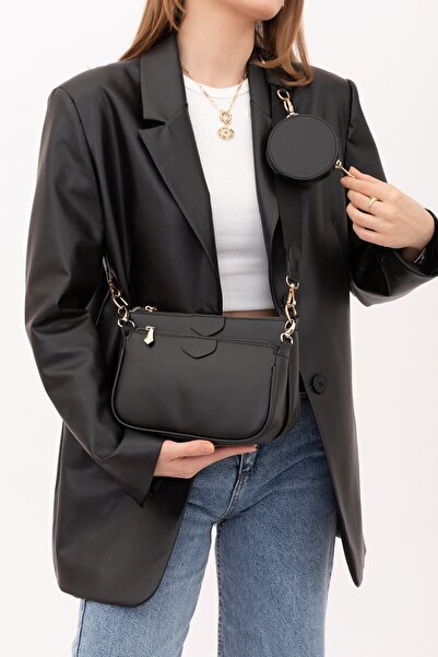 DERİ.DY Kadın Siyah Cüzdanlı Ikili Omuz Çantası