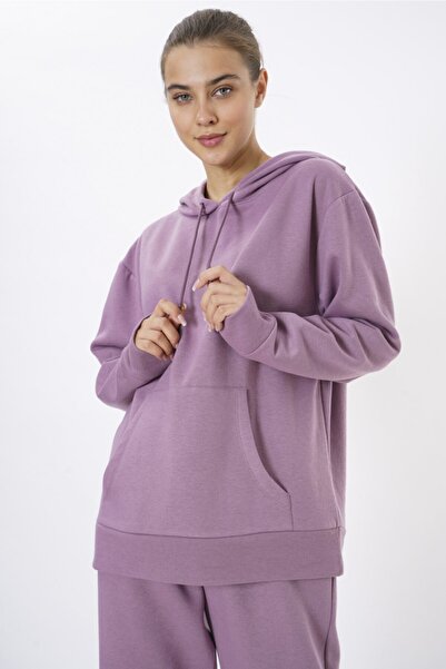 Eoselio Kadın Mor Kolu Nakış Detaylı Kapüşonlu Örme Sweatshirt Sp-20ee-44 Mor