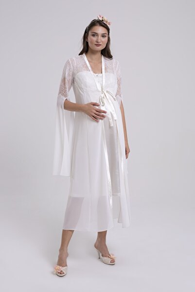 SEVİNÇ ÜRKMEZ Kadın Ekru Lohusa Gecelik Sabahlık Takım