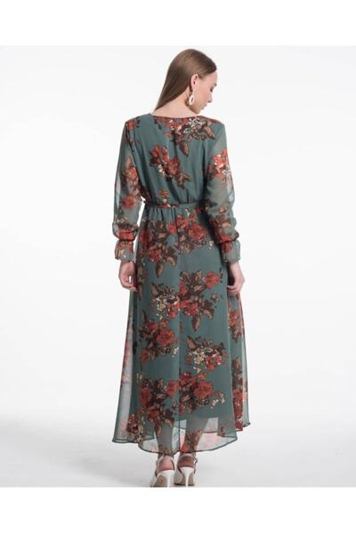 Apple Cix Γυναικείο φόρεμα σιφόν με πράσινο φλοράλ σχέδιο