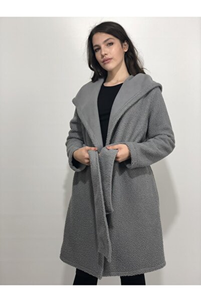 AYHAN Women's Gray Teddy Belted Coat