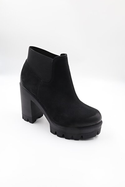 Impero Kadın Siyah  Hakiki Nubuk Deri Yüksek Kalın Topuklu Lastikli Bot