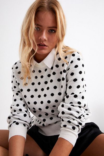 AQE FASHION Pulover de damă, alb, negru, cu gât cu buline