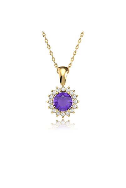 İNDİGO TAKI Yuvarlak Ametist Taşlı Anturaj Altın Kaplama Gümüş Kolye