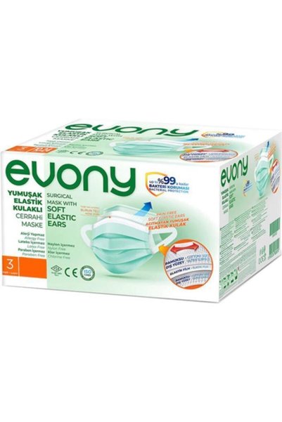 Evony Cerrahi Maske 3 Katlı Yumuşak Telli 80 Adet Cerrahi 80 Adet Mentollü Maske