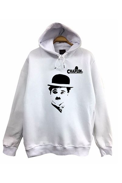 fame-stoned Unisex Λευκό φούτερ Charlie Chaplin με στάμπα με κουκούλα