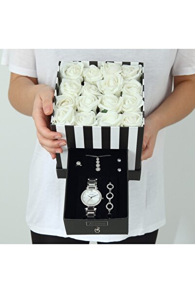 Forentina Yapay Güllü Kutuda Gümüş Kaplama Tria Kolye Küpe Yüzük Saat Set - P...