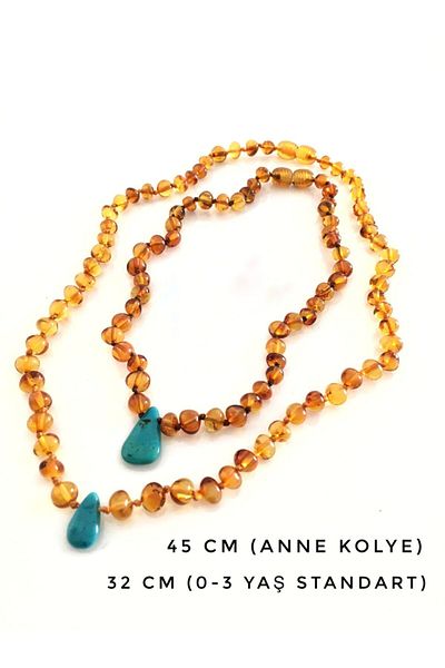 İpek Kehribar Lithuania Certified Baltic Amber Necklace with Turquoise Pendant Cognac Mother Baby Set 45/32cm