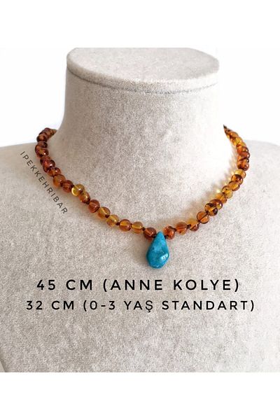 İpek Kehribar Lithuania Certified Baltic Amber Necklace with Turquoise Pendant Cognac Mother Baby Set 45/32cm