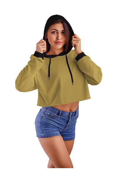 ACR Giyim Women's Oil Green Hooded Crop Top Sweatshirt 2 Threads