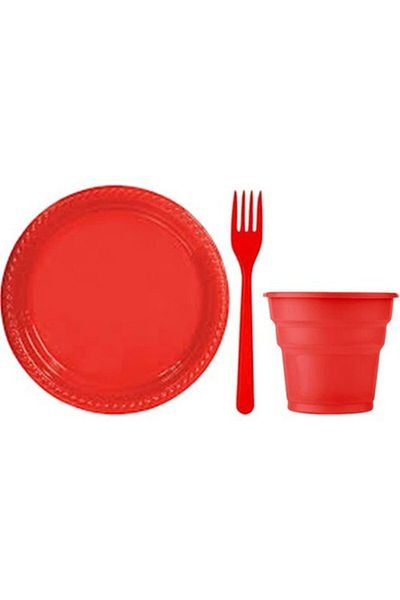 Roll-Up Red Plastic Set of 25 Plates, Glasses and Forks