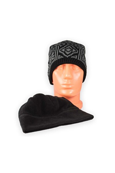 Derin Mavi Men's Black Fleece Beret Wool Snow Pattern Beret