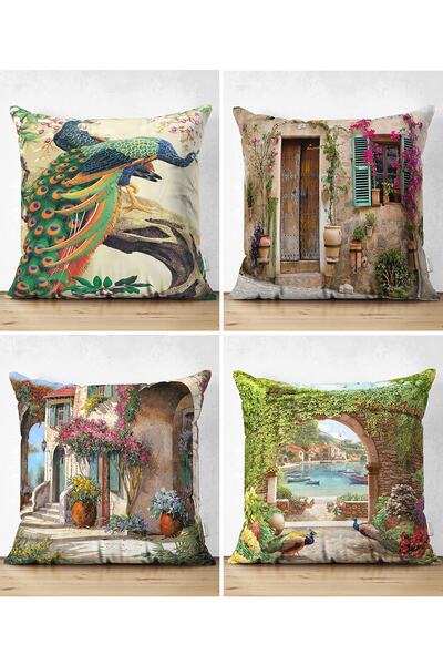 Realhomes Dekoratif Manzara 4'lü Çift Taraflı Süet Yastık Kırlent Kılıf Seti