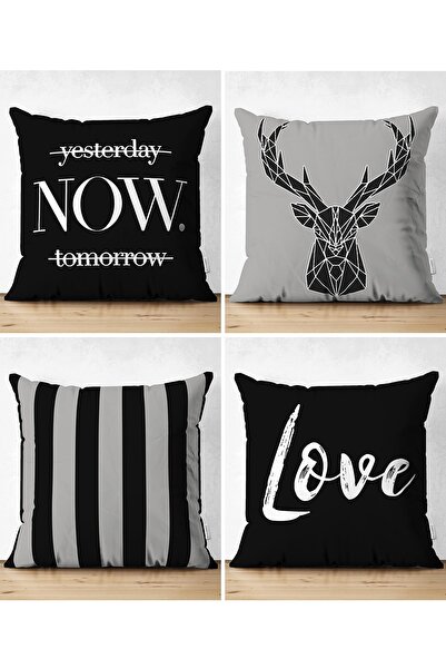 Realhomes Siyah Gri Zeminde Geyik Ve Yazılı Özel Tasarım 4'lü Çift Taraflı Sü...