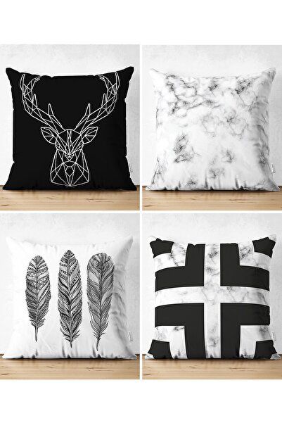 Realhomes Double Sided Black and White Colored 4-Piece Concept Suede Pillow T...