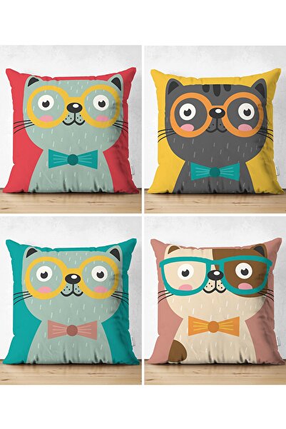 Realhomes Çift Taraflı Renkli Sevimli Kedicik Baskılı 4'lü Süet Kırlent Kılıf...