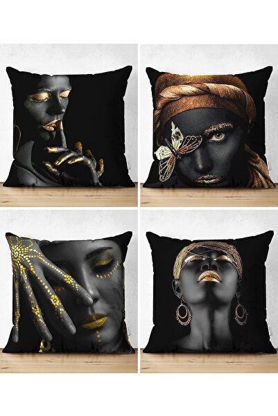 Realhomes طقم غطاء وسادة من جلد الغزال مكون من 4 قطع بتصميم نسائي أفريقي مع خ...