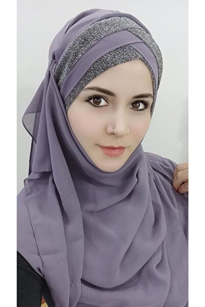 BAV Butik Ayvitrin Kadın Hazır Şal Üç Bantlı Titi Simli Füme