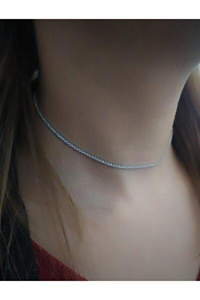 Erer Gümüş Gümüş Kısa Choker Su Yolu Taşlı Kolye Ko9e67